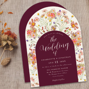 Boho Fall Rustic Floral Arch Burgundy Wedding Invitation