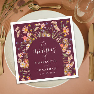 Boho Fall Rustic Floral Arch Burgundy Wedding Napkin
