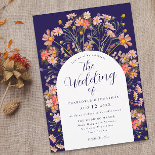 Boho Fall Rustic Floral Arch Navy Blue Wedding Invitation