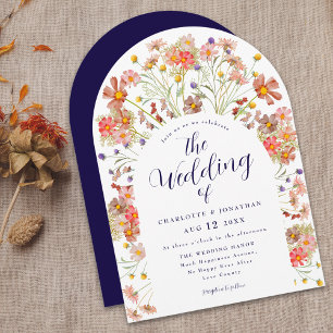 Boho Fall Rustic Floral Arch Navy Blue Wedding Invitation