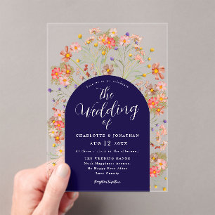 Boho Fall Rustic Floral Navy Blue Wedding Acrylic Invitations