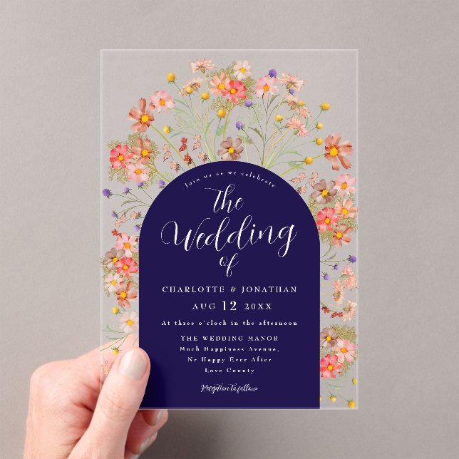 Boho Fall Rustic Floral Navy Blue Wedding Acrylic Invitations (Insitu (Handheld))