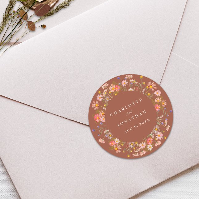 Boho Fall Rustic Floral Personalised Wedding Classic Round Sticker (Boho fall wildflower floral burnt orange terracotta custom wedding stickers )