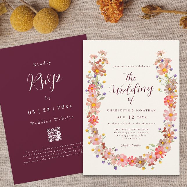 Boho Fall Rustic Floral QR Code Wedding Invitation (Boho fall wildflower wedding qr code invitation burgundy and ivory cream Watercolor autumn florals)