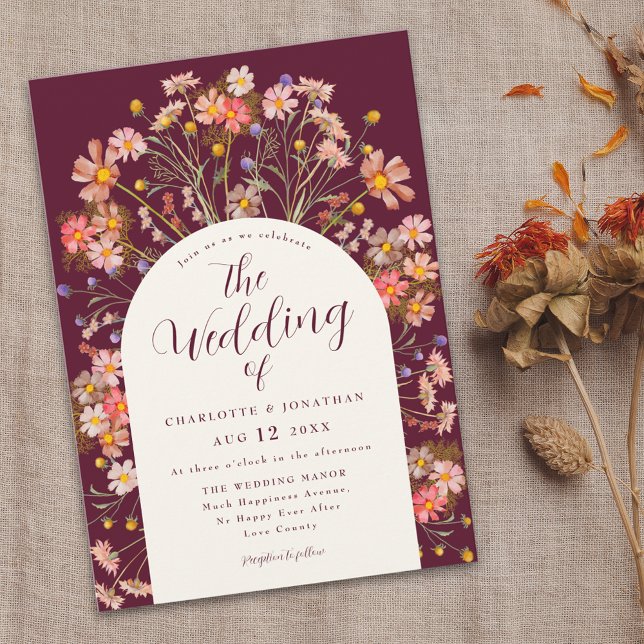 Boho Fall Rustic Wildflower Floral Arch Invitation (Boho fall rustic wildflowers floral arch burgundy and ivory cream wedding invitation Elegant script)