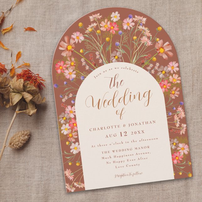 Boho Fall Rustic Wildflower Floral Arch Wedding Invitation (Boho fall rustic wildflowers floral arch terracotta burnt orange and beige wedding invitation )