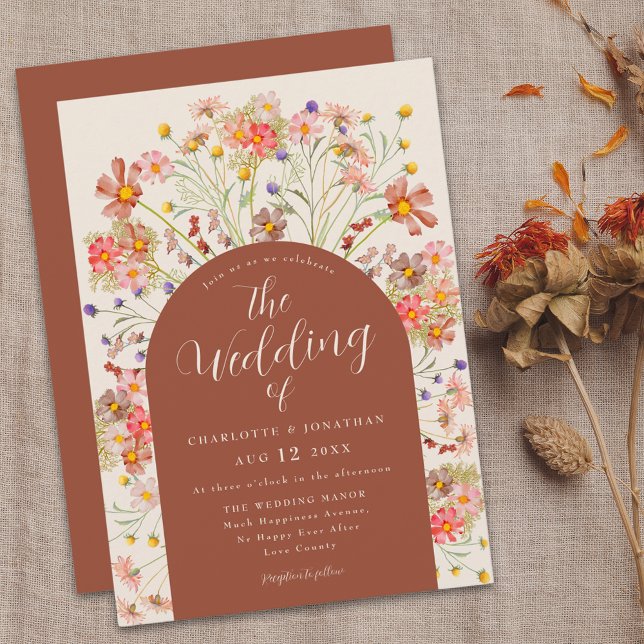 Boho Fall Rustic Wildflower Floral Arch Wedding Invitation (Boho fall rustic wildflower floral arch terracotta burnt orange and beige wedding invitation Elegant)