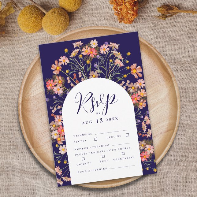 Boho Fall Rustic Wildflower Floral Arch Wedding RSVP Card (Boho fall rustic wildflower floral arch elegant script navy blue and white wedding rsvp card )