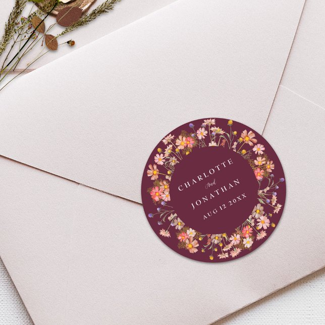Boho Fall Rustic Wildflower Floral Wedding Classic Round Sticker (Boho rustic wildflower floral fall wedding custom sticker burgundy burnt orange terracotta Ivory )