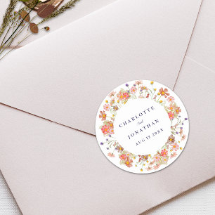 Boho Fall Rustic Wildflower Floral Wedding Classic Round Sticker