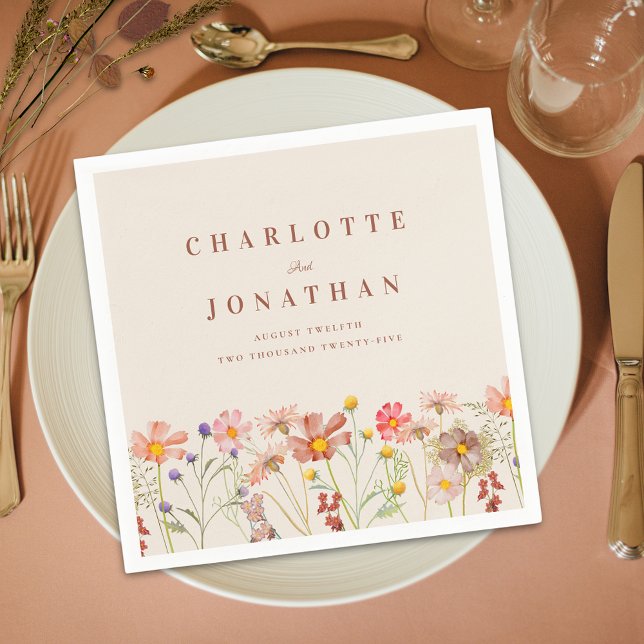 Boho Fall Rustic Wildflower Floral Wedding Napkin (Boho fall rustic Wildflower Floral beige and burnt orange Wedding custom napkins Watercolor flowers)