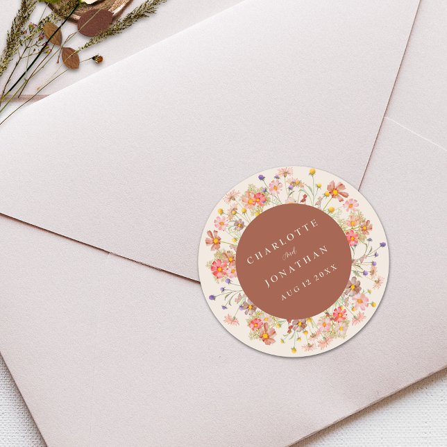Boho Fall Rustic Wildflower Personalised Wedding Classic Round Sticker (Boho fall wildflower rustic floral beige burnt orange personalized wedding stickers Vintage bohemian)