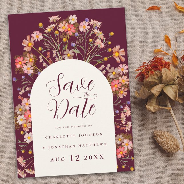 Boho Fall Rustic Wildflower Wedding Save The Date (Floral wildflower arch boho rustic fall wedding save the date invitation Romantic script)