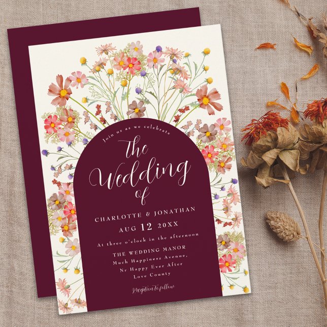 Boho Fall Rustic Wildflowers Floral Arch Wedding  Invitation (Boho fall rustic wildflowers floral arch burgundy and ivory cream wedding invitation Elegant script )
