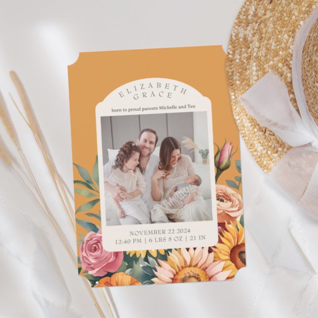 Boho Fall Sunflower Arch Photo Birth Announcement (Creator Uploaded)