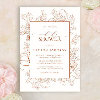 Boho Fall Terracotta Floral Line Art Baby In Bloom Invitation