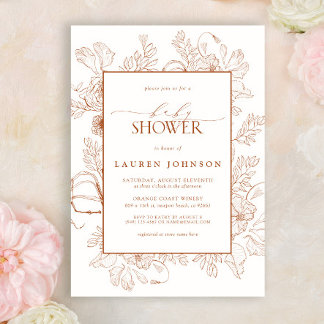Boho Fall Terracotta Floral Line Art Baby Shower Invitation