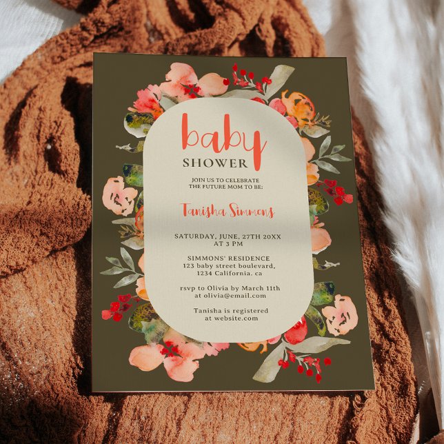 Boho fall terracotta floral script baby shower invitation (Boho fall terracotta floral script baby shower invitation on green)