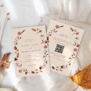 Boho Fall Terracotta Leaves Wreath QR Code Wedding Invitation