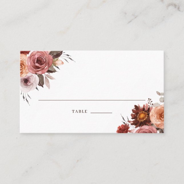 Boho Fall Watercolor Floral Bouquet Wedding  Place Card (Front)
