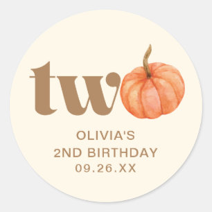 Boho Fall Watercolor Pumpkin 2nd Birthday Classic Round Sticker