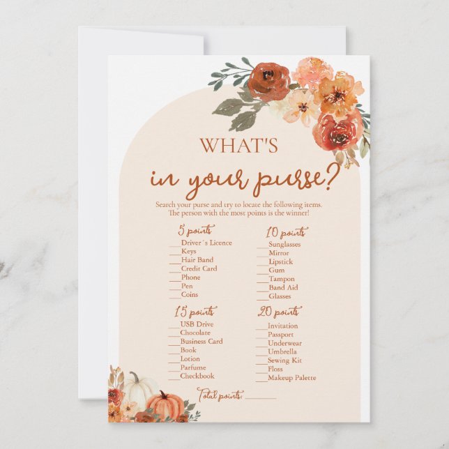 Boho Fall What's In Your Purse Bridal Shower Game Invitation (Front)