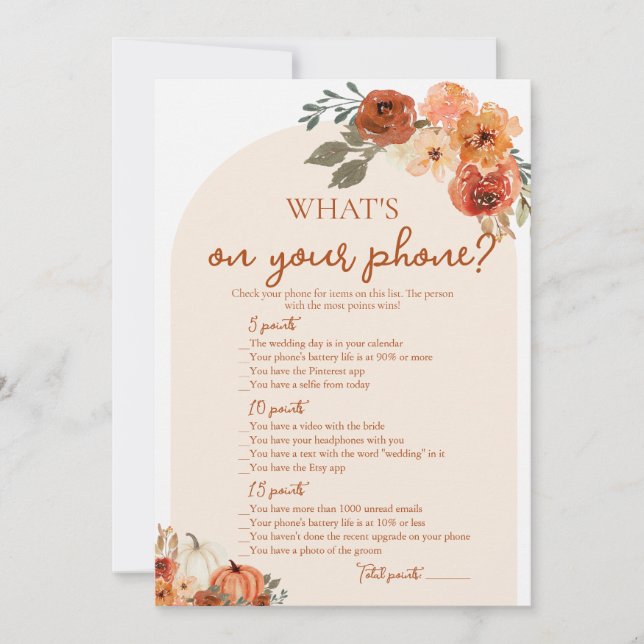 Boho Fall What's On Your Phone Bridal Shower Game Invitation (Front)