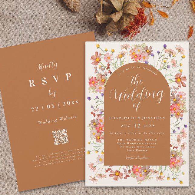 Boho Fall Wildflower Arch Burnt Orange Wedding Invitation (Boho fall Wildflower arch burnt orange terracotta Wedding invitation autumnal dried flowers)