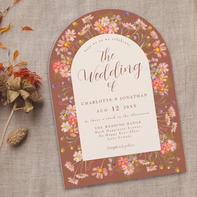 Boho Fall Wildflower Arch Burnt Orange Wedding Invitation (Boho wildflower floral arch burnt orange terracotta wedding invitation elegant modern script)