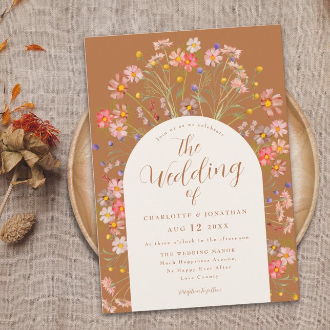 Boho Fall Wildflower Arch Terracotta Wedding Invitation (Boho fall wildflower terracotta burnt orange wedding invitation with elegant arch and modern script )