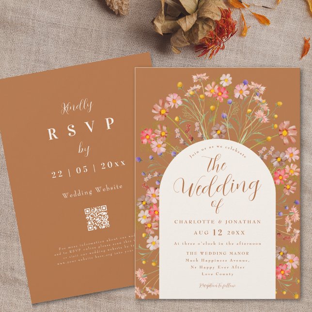Boho Fall Wildflower Arch Terracotta Wedding Invitation (Boho fall wildflower arch terracotta burnt orange elegant script wedding invitation )