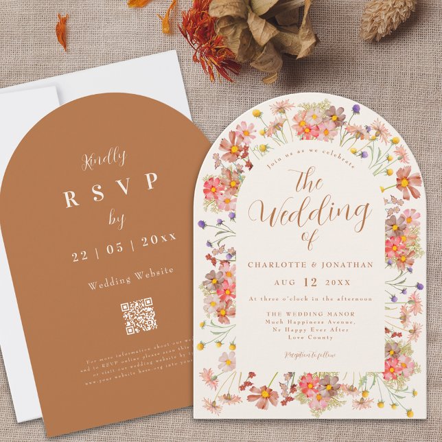 Boho Fall Wildflower Arch Terracotta Wedding Invitation (Boho fall wildflower arch terracotta burnt orange elegant wedding invitation )