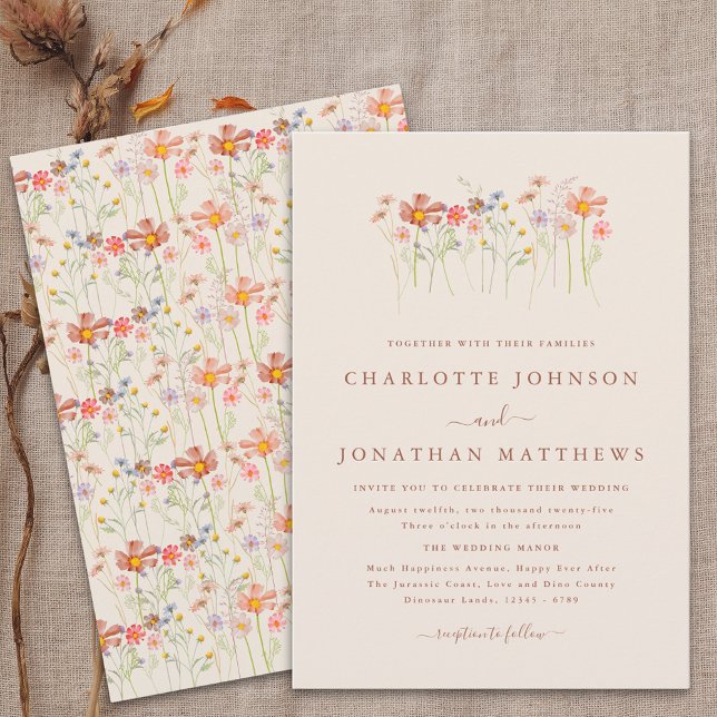 Boho Fall Wildflower Beige Terracotta Wedding Invitation (Boho fall Wildflower meadow rustic floral beige terracotta Wedding invitation elegant script)