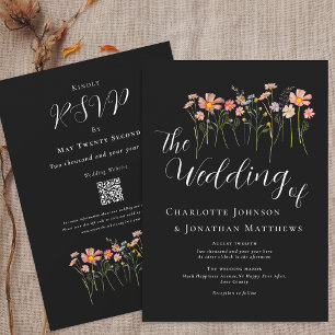Boho Fall Wildflower Black and White QR Code Invitation