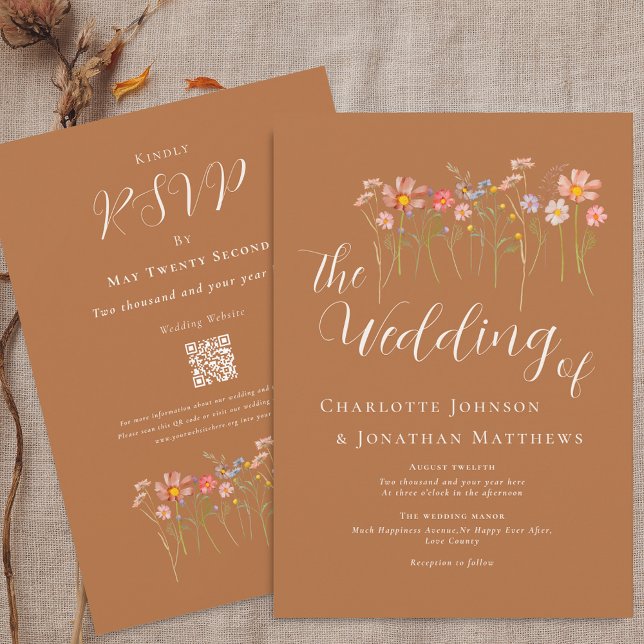 Boho Fall Wildflower Brown Orange QR Code Wedding Invitation (Boho fall Wildflower floral caramel brown sugar beige terracotta Wedding qr code invitation )
