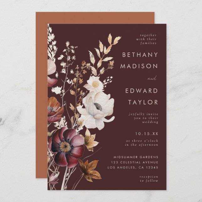 Boho Fall Wildflower Brown Wedding Invitation (Front/Back)