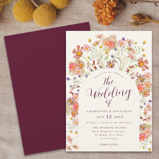Boho Fall Wildflower Burgundy and Cream Wedding Invitation (Boho fall rustic wildflowers floral arch burgundy ivory cream wedding invitation watercolor flowers)