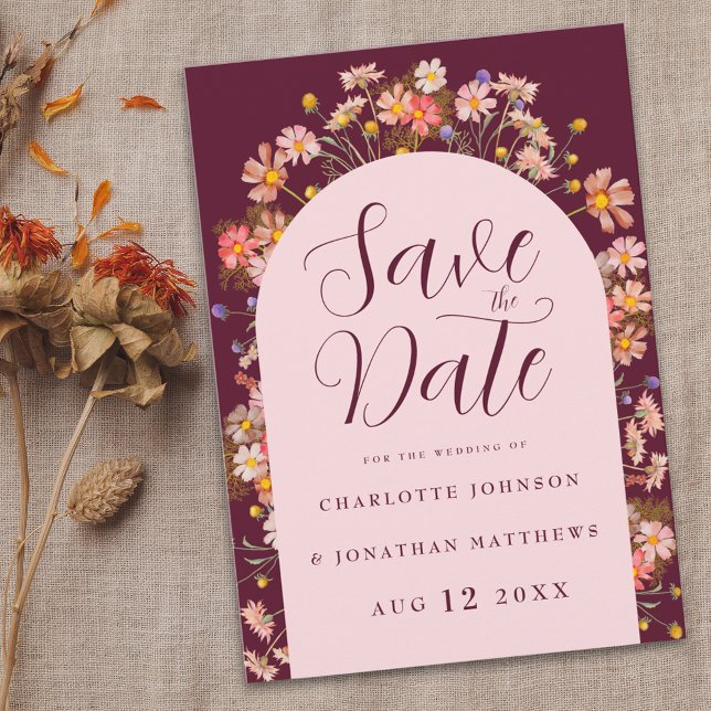 Boho Fall Wildflower Burgundy Blush Pink Wedding Save The Date (Boho Wildflower elegant floral arch burgundy blush pink Wedding save the date invitation )