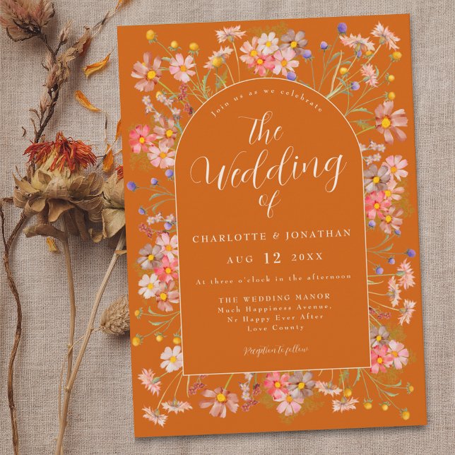 Boho Fall Wildflower Burnt Orange Wedding Invitation (Boho fall Wildflower floral arch terracotta burnt orange Wedding invitation Elegant modern script)
