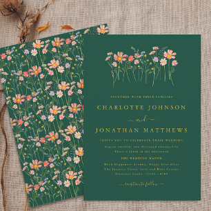 Boho Fall Wildflower Dark green & Gold Wedding Invitation