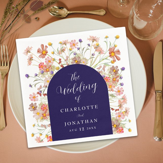 Boho Fall Wildflower Floral Arch Navy Blue Wedding Napkin (Boho fall rustic wildflower arch navy blue burnt orange terracotta white wedding custom paper napkin)