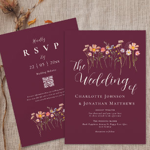 Boho Fall Wildflower Floral Burgundy QR Code Invitation