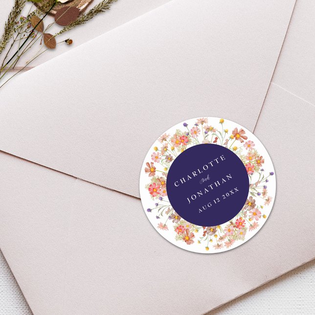 Boho Fall Wildflower Floral Navy Blue Wedding Classic Round Sticker (Boho fall rustic wildflower floral navy blue and white wedding sticker Watercolor florals)