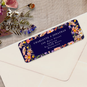Boho Fall Wildflower Floral Navy Blue Wedding Return Address Label