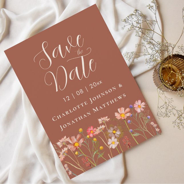 Boho Fall Wildflower Floral Terracotta Wedding Save The Date (Wildflower boho fall floral terracotta rust beige Wedding save the date invitation elegant script)