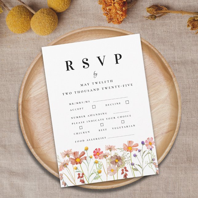 Boho Fall Wildflower Floral Wedding Meal Options RSVP Card (Boho rustic Wildflower floral Wedding RSVP card includes Meal choices food allergies)