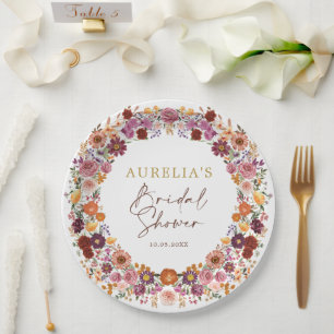 Boho Fall Wildflower Garden Wreath Bridal Shower Paper Plate
