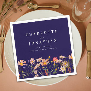 Boho Fall Wildflower Meadow Navy Blue Wedding Napkin