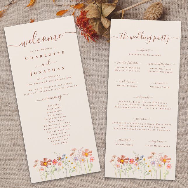 Boho Fall Wildflower Meadow Wedding Ceremony Menu (Boho fall Wildflower meadow beige Wedding ceremony program card watercolor florals elegant script)