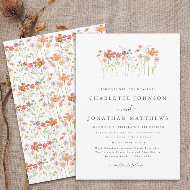 Boho Fall Wildflower Meadow Wedding Invitation (Boho fall Wildflower floral Wedding invitation Watercolor autumn flowers orange terracotta brown)